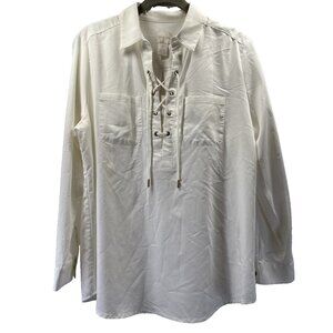 Chicos Women's Top Size Medium Petite Lace Up Ivory Long Sleeve Pockets Pullover